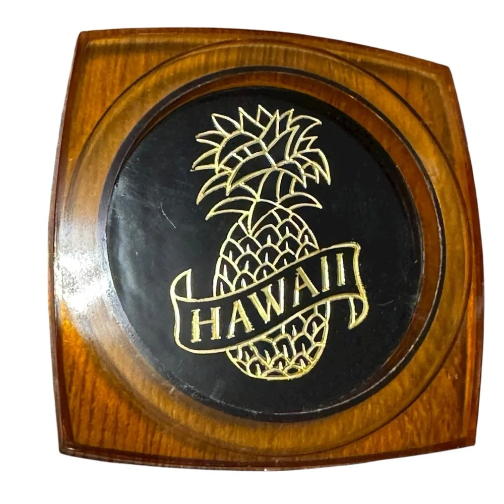 Vtg Hawaii Plastic Coaster Set 4pc MCM Souvenir Brown Made in Hong Kong